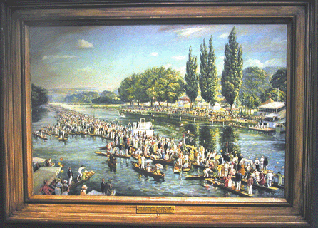 Manfred Schotten of Oxfordshire, England, specializes in sporting antiques. Along with cricket bats, pool cues, Nineteenth Century creels and rods, tennis racquets and other sports-related items, he offered this oil painting by Victor Elford depicting Jack Beresford winning the Diamond Sculls from the US champion Walter Hoover at the 1925 Henley Royal Regatta. It was priced at $22,500.