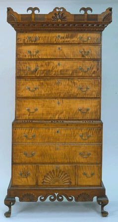 A superb chest-on-chest-on-frame attributed to New Hampshire cabinetmaker Samuel Dunlap, circa 1790‱795, 82 5/8 by 41 1/8 by 20 inches. Currier Museum of Art, Manchester, N.H. Museum purchase: Currier Funds, 1959.3.