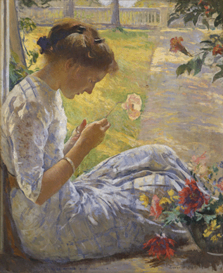 A charming oil titled "Mercie Cutting Flowers†by Edmund Charles Tarbell, 1912, 33½ by 27½ inches. Currier Museum of Art, Manchester, N.H. Partial gift of Clara and Henry Mixter and purchase with funds provided by Henry Melville Fuller and many friends of the Currier.