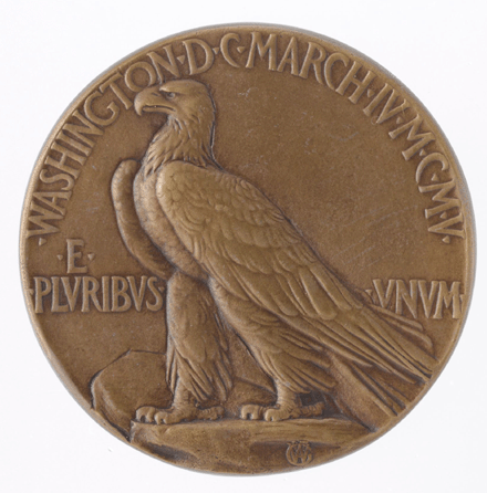 Saint-Gaudens joined President Theodore Roosevelt in trying to produce coins as attractive as those from ancient times, notably in $10 and $20 gold pieces. The sculptor also designed (and his assistant Adolph Alexander Weinman modeled) a "Theodore Roosevelt Special Inaugural Medal†celebrating the launch of Roosevelt's second term in 1905. The obverse is a straightforward profile of the president, accompanied by the Latin motto for "to each what is equitable.†On the reverse of the 1905 "Theodore Roosevelt Special Inaugural Medal,†Saint-Gaudens portrayed a proud and powerful eagle posed on a rock, flanked by the motto of the seal of the United States, E PLVRIBVS VNVM †"Out of many, one.• style=