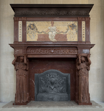 Saint-Gaudens, working with interior decorator John LaFarge, designed this magnificent "Vanderbilt Mantelpiece,†circa 1881‸3, for Cornelius Vanderbilt's enormous mansion at 57th Street and Fifth Avenue in Manhattan, which was demolished around 1926. It features two caryatids, Amor and Pax, supporting the mosaic overmantel. The richly modeled mantel includes the Vanderbilt crest in the left medallion and, in the right medallion, the family coat of arms.