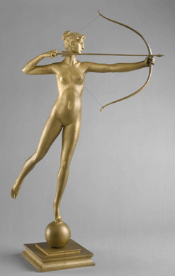 The only female nude in his oeuvre, Saint-Gaudens modeled the figure of "Diana,†1892‹3, to top the tower of Stanford White's Madison Square Garden, then the highest point in New York City. This gilded bronze version, cast for the Met in 1928 and standing nearly 102 inches tall, is modeled on the 13-foot statue that was atop the Garden, 1893‱925, and is now in the Philadelphia Museum of Art.