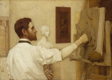 "Augustus Saint-Gaudens,†1886, this replica, 1908, by his friend, Kenyon Cox, shows the sculptor at work in his 36th Street, New York City, studio on his bas-relief portrait of William Merritt Chase. It conveys the vigor and intensity of the artist as he applies a wad of clay to his depiction. Cox painted this larger version after his first canvas was destroyed in the 1904 fire in Saint-Gaudens's Cornish, N.H., studio.