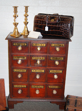 An apothecary cabinet was paired with a doctor's bag at J&M Antiques, Amherst, N.Y.