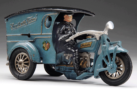 The top lot of the auction, at $63,250, was a sought-after Arcade clockwork "Say it with Flowers†delivery cycle, an Indian motorcycle with rider affixed to a delivery van, all original and painted in brilliant aqua. 