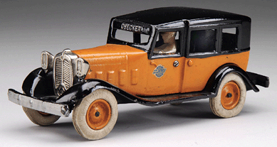 A scarce Checker Cab with unusual embossed lettering above the front windshield sold over estimate for $23,000. 