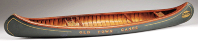 A collection of salesman samples from the collection of the late John Woods of St Louis was led by a 48-inch miniature Old Town canoe that sailed past its $5/10,000 estimate to bring $18,400. The sample had deep emerald green paint and all-original decals.