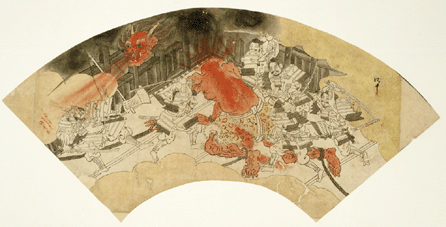 Preliminary sketch for Tale of Shuten Doji, by Kawanabe Kyosai (1831‱889), Japan, late Edo period, fan, ink and color on paper.