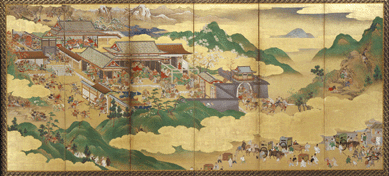 One of a pair of six-panel folding screens, ink, color and gold on paper, Japan, Edo period, The Tale of Shuten Doji.