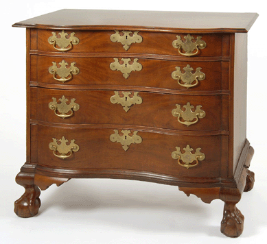 The honey-colored Boston Chippendale mahogany chest, circa 1780, with a serpentine front and four graduated drawers went to the phone for $14,950.