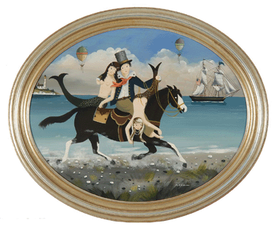 Ralph Cahoon, "A Ride on the Beach,†with a sailor and two mermaids on horseback, two hot air balloons and a lighthouse in the distance, sold for $23,000.