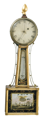 Attributed to Aaron Willard Jr, the mahogany banjo clock with a scale thermometer within the throat and an eglomise scene of the Battle of Lake Erie sold for $40,950.