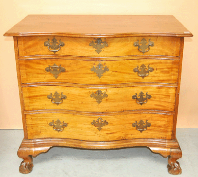 The Massachusetts Chippendale mahogany oxbow chest of drawers whose provenance included Dr Lloyd Hawes of Boston brought $30,420.