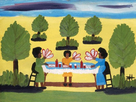 Often dubbed the black or Southern Grandma Moses, Clementine Hunter evoked the pastime of card games at Louisiana's Melrose Plantation in this 18-by-24-inch painting, "Playing Cards,†circa 1970.