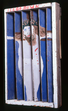 Deeply religious, Sam Doyle (1906‱985) painted portraits on a variety of materials, including wood with fabric and metal in this interpretation of the Crucifixion, "I'll Go Down,†circa 1970. Doyle proudly shared his vibrant likenesses with the public by displaying them in his yard on St Helena's Island, S.C.