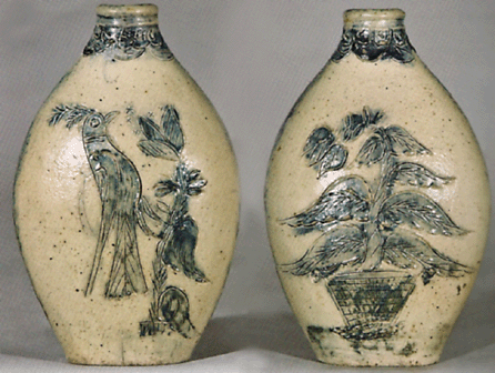 Attributed to Webster, a Hartford, Conn., maker, the incised flask, shown front and back, had been discovered in a home more than 30 years ago and was offered for public sale for the first time. Active bidding on the lot saw it handily exceed the $15/25,000 presale estimate as it sold for $40,250.