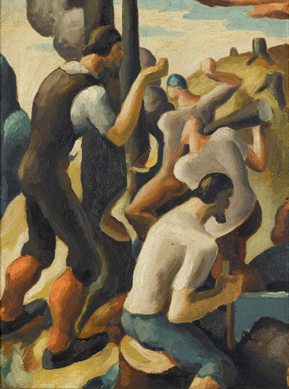 Thomas Hart Benton (American 1889‱975), "Study for 'American Historical Epic,' Colonization: The Axes,†a 20-by-15-inch oil on board that realized $73,000.