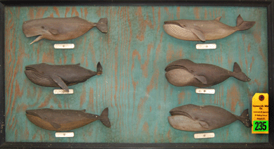 A plaque with six carved and painted whales, each with a whale ivory nameplate, that was attributed to New Bedford carver Frank Wood sold for $4,440. 