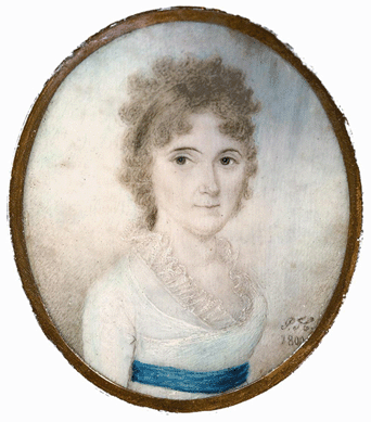 Margaretta Brown, portrait on ivory framed in brass, 2 by 3 inches, 1800, signed "PH 1800†lower right, attributed to Pierre Henri. 