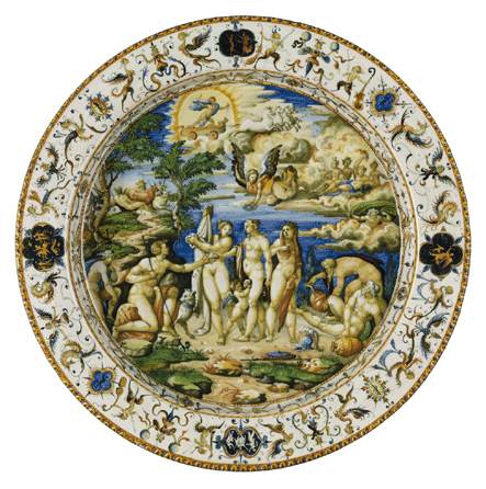 Dish, "The Judgment of Paris,†Urbino, circa 1565‷5, workshop of the Fontana family, tin-glazed earthenware, 16¾ by 2 1/8 inches. The Frick Collection, gift of Dianne Dwyer Modestini in memory of her husband, Mario Modestini, 2008.