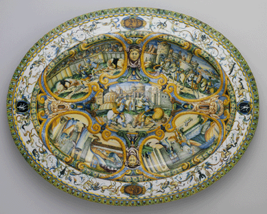 Large oval dish with scenes from Amadis of Gaul, Urbino or Turin, circa 1560‷0, probably the workshop of Orazio Fontana, tin-glazed earthenware, 26¼ by 20¾ inches. The Metropolitan Museum of Art, bequest of George Blumenthal, 1941.