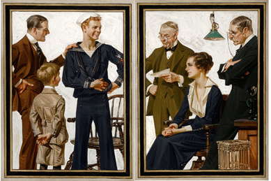 Joseph Christian Leyendecker (American, 1874‱951), "A Proud WW I Sailor's New Uniform,†House of Kuppenheimer ad diptych, 1917, oil on canvas, 29 by 46 inches, from the Charles Martignette Collection, realized $155,350.