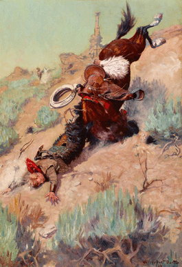 William Herbert Dunton (American, 1878‱936), "The Badger Hole (The Spill),†1906, oil on canvas, 28 by 19 inches, realized $143,400. From the Martignette estate, three works by Dunton were among the top ten lots overall. 