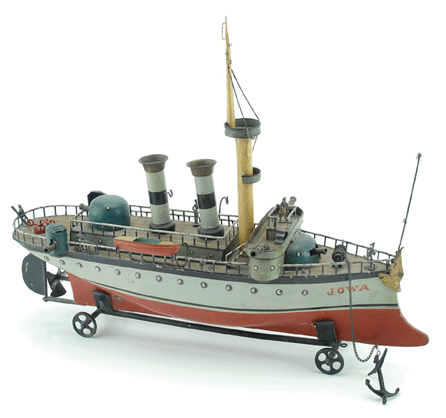 Top lot was this Marklin circa 1903 Iowa battleship, 22 inches long, painted tin, immaculate condition, which sold for $46,000.