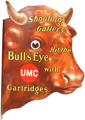 UMC Shooting Gallery Bull's-Eye Cartridges lithographed tin sign, shaped like a bull's head realized $4,068.