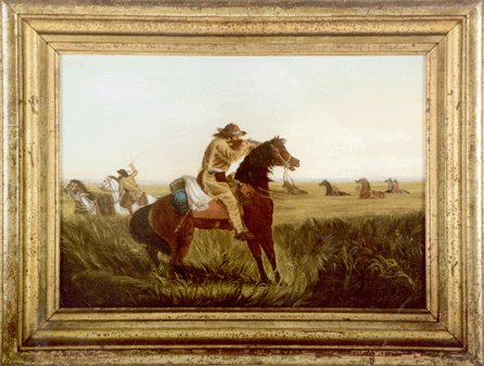 Underbid by Chuck Weber, a North Carolina collector of Western American views, Arthur Fitzwilliam Tait's historical canvas "A Check †Keep Your Distance†exceeded estimate, selling to the phone for $381,000. Discovered in 1991, the signed 14-by-20-inch canvas, stamped on reverse with the name and address of Tait's New York dealer, Williams, Stevens & Williams, was reproduced by lithographer Nathaniel Currier in 1853 and is the companion to Tait's "One Rubbed Out.†Denver dealer Steve Good paid $2,841,000, a record for the artist at auction, for a larger version of "A Check †Keep Your Distance†at Christie's in 2007. "Images like this one resonate in the American consciousness. They shaped the way Americans saw the frontier,†explained Regan Upshaw of Gerald Peters Gallery in New York City.