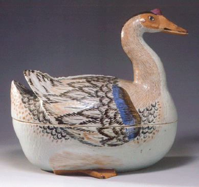 Figural soup tureens are among the most coveted examples of Chinese porcelain made for the West. A bid of $93,600 ($80/120,000) won this 13½-inch enamel decorated goose tureen for Bill Stahl, a Sotheby's consultant who presided over the $11.1 million Meyer sale at Sotheby's in 1996. Both this tureen and a similar one in the Meyer collection came from Michigan dealer Jess Pavey. Stahl said he was representing a private client at Northeast. 