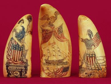 Pair of scrimshaw whale's teeth, height 4½ inches. Private collection, Osterville, Mass.; center, polychrome scrimshaw tooth, height 5¼ inches. Private collection.