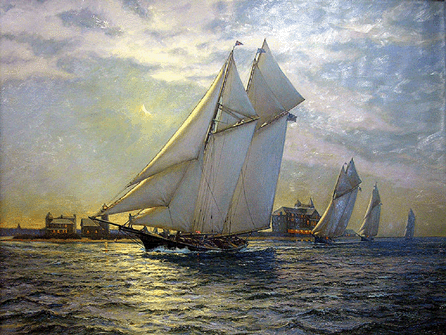 A.D. Blake, "Fortuna followed by other large schooners of the Eastern Yacht Club, sail into Nantucket Harbor, MA,†circa 1885, oil, 30 by 40 inches.