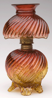 This Amberina miniature lamp was the top lot of the June 6 auction of miniature, kerosene and early lighting, bringing $2,530.