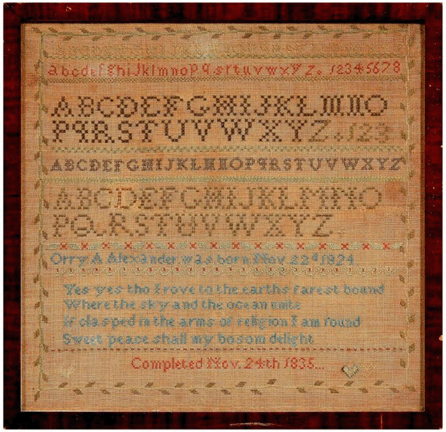 Orry (for Orra) Anne Alexander was 11 when she completed this sampler in 1835. Her father operated a hotel outside Asheville, N.C. The sampler, which sold for $21,850, was the top lot in the sale. 