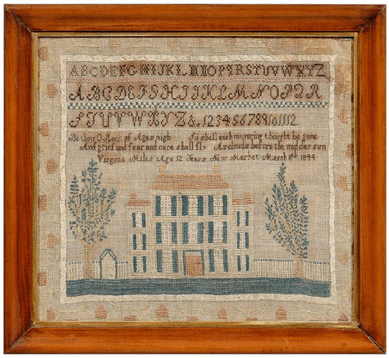 The yellow house at the bottom of Virginia Miles' 1844 sampler is a bit faded, but it is characteristic of Shenandoah Valley samplers from 1825 to 1845. It went far beyond its modest $1/2 ,000 estimate, brining $18,400.