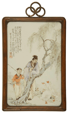 A framed porcelain tile made in the early Twentieth Century sold for a robust $28,750.