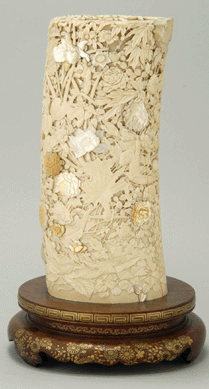 The Meiji period Shibayama tusk vase with a Thousand Flowers design was the top lot of the Japanese art and realized $12,650. 