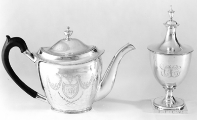 A silver tea pot by John Schanck (1174‱864) made in New York or Matawan, N.J., circa 1795‱820, a bequest of Martin R. Jocubus in memory of his wife, Serenca V. Roome Jacobus. Also shown is a silver covered sugar bowl, also by John Schanck made in New York or Monmouth County 1774‱820, gift of Mrs Lewis E. Waring. Engraved at the bottom "E*F to C*A*L for Eleanor Forman to Corlies and Anne Lloyd.