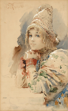Brisk international bidding was seen on this watercolor by Russian artist Konstantin Ergovich Makovsky (1839‱915). Expected to earn $3,000, this work more than tripled its high estimate at $9,775.
