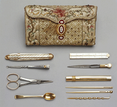 "Mrs Delany's tools from needlework pocket-book, given by Queen Charlotte to Mrs Delany,†1781, satin, colored silks and enameled gold, The Royal Collection.