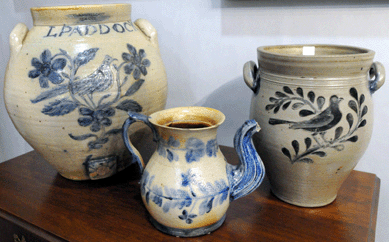 A group of rare stoneware displayed by Kelly Kinzle, New Oxford, Penn.