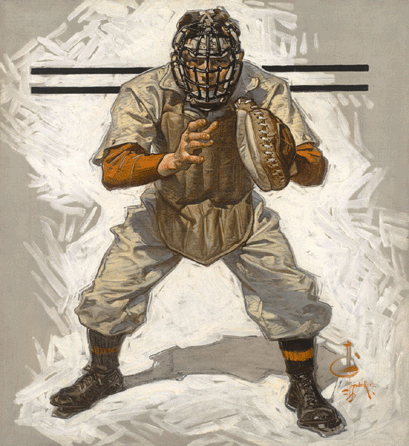 Wearing the so-called "tools of ignorance††mask and chest protector †this "Baseball Catcher,†Leyendecker's 1909 Post cover prepares for what may be bone-jarring action at home plate.