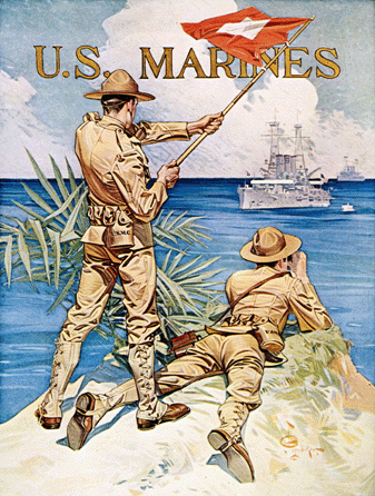 To promote enlistment in the US military during World War I, Leyendecker created posters like "Enlist Today, U.S. Marines, Stockton [Calif.],†1918, showing marines in action protecting America's shores.