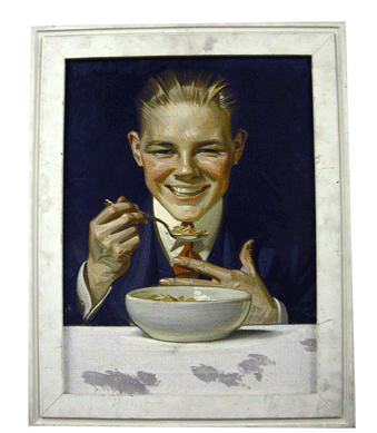To promote sales of the then little-known Kellogg's Corn Flakes, Leyendecker created an extensive series of endearing vignettes of male and female youngsters, ranging in age from "Baby in Highchair†to "Teen Boy,†1916, shown here, enjoying a bowl of the cereal. Each model seemed bent on outdoing the others in enjoying their corn flakes.
