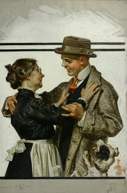 In a style reminiscent of Norman Rockwell's later Saturday Evening Post covers, the aging mother and eager dog bid a fond welcome to the fashionably-dressed (wearing an Arrow shirt, collar and tie?) young man of the house, in "Welcome Home,†a 1914 Post cover.
