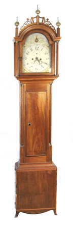 A Cape Cod mahogany tall clock by Allen Kelley of Sandwich, Mass., one of only a few known examples by that maker, fetched $8,050. The clock came from the studio of Cape Ann artist Aldro T. Hibbard.