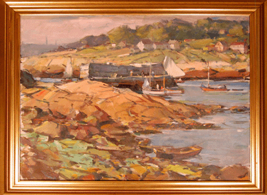 The Carl W. Peters oil on canvas view of Pigeon Cove in Rockport, Mass., bore an estate stamp and drew $3,910.