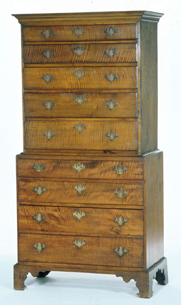 Tiger maple chest-on-chest attributed to Solomon Sibley of Ward (now Auburn), Mass., circa 1790‱810.