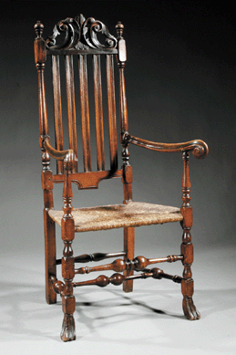 An early Eighteenth Century American William and Mary maple and mixed woods armchair achieved $42,300. It was accompanied by a distinguished provenance, which includes that of Ima Hogg and Israel Sack. It went to a Midwest American furniture collector after several minutes of intense bidding.